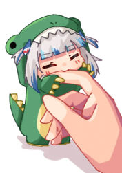 Rule 34 | 1girl, = =, biting another&#039;s finger, blue hair, blunt bangs, blush, chibi, closed eyes, commentary request, dinosaur costume, gawr gura, grey hair, hair ornament, hololive, hololive english, kurushiro1102, mini person, minigirl, multicolored hair, official alternate costume, onesie, pov, pov hands, shark hair ornament, smile, solo focus, streaked hair, two side up, virtual youtuber
