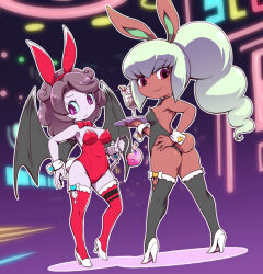 Rule 34 | 2girls, animal ears, ass, black bow, black bowtie, bow, bowtie, breasts, bunny mint, casino, character request, curly hair, demon tail, demon wings, embarrassed, eyelashes, food, holding, holding food, holding tray, ice cream, leotard, medium breasts, multiple girls, nollety, playboy bunny, ponytail, purple eyes, purple hair, rabbit ears, rabbit tail, red bow, red bowtie, small breasts, smile, sweatdrop, tail, thighhighs, thighs, tray, white hair, wings, youkai watch