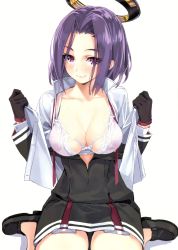 Rule 34 | 1girl, absurdres, black footwear, black gloves, bra, breasts, brown eyes, cleavage, closed mouth, collarbone, eyebrows, gloves, halo, highres, kantai collection, lips, loafers, long sleeves, looking at viewer, mechanical halo, medium breasts, open clothes, parted bangs, purple eyes, purple hair, scan, school uniform, shoes, short hair, simple background, sitting, smile, solo, tatsuta (kancolle), underwear, undressing, wariza, white background, white bra, yahako