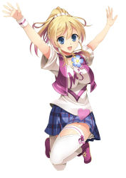Rule 34 | 10s, 1girl, :d, arms up, ayase eli, blonde hair, blue eyes, blue skirt, breasts, choker, ishigami kazui, large breasts, looking at viewer, love live!, love live! school idol festival, love live! school idol project, open mouth, plaid, plaid skirt, ponytail, short hair, simple background, skirt, smile, solo, thighhighs, white background, white thighhighs