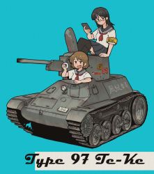 Rule 34 | 2girls, absurdres, black hair, blue background, blue eyes, breasts, brown eyes, brown hair, caterpillar tracks, cellphone, commentary request, english text, fang, food, food on face, glasses, highres, huge filesize, long hair, military, military vehicle, motor vehicle, multiple girls, omura zojiki, onigiri, original, phone, rice, rice on face, school uniform, shirt, short hair, skirt, smartphone, smile, tank, thighhighs, translation request, type 97 te-ke, vehicle name