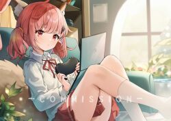 Rule 34 | 1girl, animal ear fluff, animal ears, blurry, blurry background, closed mouth, collared shirt, commentary request, commission, computer, controller, couch, depth of field, feet out of frame, fox ears, fox girl, fox tail, game controller, guzangnanfeng, hair ornament, highres, holding, holding controller, indoors, knees up, laptop, long sleeves, neck ribbon, no shoes, on couch, original, pink hair, pleated skirt, puffy long sleeves, puffy sleeves, red eyes, red ribbon, red skirt, ribbon, school uniform, shirt, sitting, skirt, socks, solo, sweater, tail, twintails, watermark, white shirt, white socks, white sweater, window