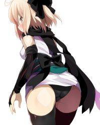 Rule 34 | &gt;:&lt;, 1girl, :&lt;, ass, bad id, bad twitter id, black panties, black thighhighs, blonde hair, blush, closed mouth, clothes lift, detached sleeves, dress, dress lift, fate (series), from behind, green eyes, highres, koha-ace, looking back, okita souji (fate), okita souji (koha-ace), panties, ribbon, scarf, shimejinameko, short dress, short hair, solo, thighhighs, underwear, v-shaped eyebrows, white dress