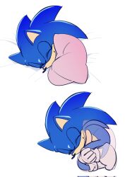 Rule 34 | 1boy, animal ears, animal nose, blanket, chaosrice, closed eyes, closed mouth, commentary, corrupted twitter file, curled up, english commentary, furry, furry male, gloves, highres, lying, male focus, multiple views, no shoes, on side, simple background, sleeping, smile, socks, solo, sonic (series), sonic the hedgehog, tail, white background, white gloves, white socks