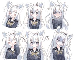 Rule 34 | 1girl, :d, ^^^, ahoge, animal ear fluff, animal ears, black jacket, black sailor collar, blush, closed eyes, closed mouth, collarbone, crossed arms, crying, expressions, facing viewer, flower knot, fox ears, fox girl, giving up the ghost, grey eyes, hair between eyes, hands up, highres, jacket, long hair, long sleeves, multiple views, neckerchief, nose blush, open mouth, original, parted lips, sailor collar, school uniform, serafuku, silver hair, simple background, sleeves past wrists, smile, surprised, tandohark, tears, upper body, wavy mouth, white background, yellow neckerchief