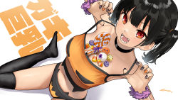 Rule 34 | 1girl, between breasts, black choker, black hair, black nails, black thighhighs, breasts, camisole, candy, choker, cleavage, commentary request, fangs, food, food between breasts, food on body, food on breasts, halloween, highres, kaedeko (kaedelic), large breasts, looking at viewer, midriff, nail polish, navel, open mouth, oppai loli, orange camisole, orange nails, original, purple scrunchie, red eyes, revision, sasaki kanna (kaedeko), scrunchie, short hair, simple background, smile, solo, teeth, thighhighs, twintails, white background, wrist scrunchie