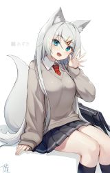 Rule 34 | 1girl, absurdres, animal ear fluff, animal ears, artist name, bag, black skirt, black socks, blue eyes, blush, collared shirt, fang, fox ears, fox girl, fox tail, grey sweater, hair ornament, hairclip, hand up, highres, illian-san, invisible chair, kneehighs, long hair, necktie, open mouth, original, pleated skirt, red necktie, school bag, shirt, simple background, sitting, skin fang, skirt, sleeves past wrists, smile, socks, solo, sweater, tail, virtual youtuber, waving, white background, white shirt