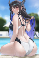 Rule 34 | 1girl, absurdres, ass, ass focus, asymmetrical horns, back, bare shoulders, black hair, black one-piece swimsuit, blue hair, breasts, closed mouth, colored inner hair, competition swimsuit, demon horns, from behind, hair ornament, highres, hololive, hololive english, horns, large breasts, long hair, looking back, mole, mole under eye, multicolored clothes, multicolored hair, multicolored swimsuit, nerissa ravencroft, one-piece swimsuit, racerback, red eyes, smile, solo, swimsuit, two-tone hair, two-tone swimsuit, uneven horns, virtual youtuber, wet, white one-piece swimsuit, yobi (ybpac18)