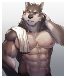Rule 34 | 1boy, abs, absurdres, bara, brown fur, dog boy, frown, furry, furry male, hand on own neck, highres, large pectorals, looking to the side, male focus, muscular, muscular male, navel, neumo, nipples, nude, original, pectorals, short hair, solo, stomach, thick eyebrows, towel on one shoulder, upper body