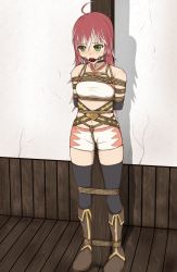 Rule 34 | 1girl, arms behind back, ball gag, bdsm, bondage, boots, bound, collar, crotch rope, elbow gloves, femuto, gag, gloves, green eyes, highres, original, shibari, shibari over clothes, shorts, sleeveless, standing, thighhighs, tied to pole, waiting, wooden floor
