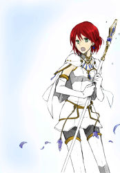 Rule 34 | 1girl, akagami no shirayukihime, cape, dress, elbow gloves, female focus, gloves, official art, pants, red hair, shirayuki (akagami no shirayukihime), short cape, solo, staff, standing, thighhighs, white dress, white gloves, white pants