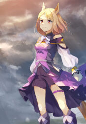 Rule 34 | 1girl, animal ears, ankle boots, blonde hair, boots, brown eyes, dress, feet out of frame, from side, highres, horse ears, horse girl, horse tail, narita top road (umamusume), off-shoulder dress, off shoulder, purple dress, purple footwear, purple shorts, ra mun5239, short hair, shorts, smile, solo, tail, umamusume, umamusume: road to the top