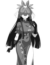 Rule 34 | 1girl, breasts, china dress, chinese clothes, closed mouth, covered eyes, covered navel, dress, elbow gloves, facing viewer, flower, flower on head, fruit print, gloves, grape print, grey hair, highres, large breasts, leaf print, long hair, mandarin collar, monochrome, onkn sxkn, pelvic curtain, puffy short sleeves, puffy sleeves, short sleeves, side slit, sidelocks, simple background, smile, solo, thighs, touhou, very long hair, vine print, white background, yomotsu hisami