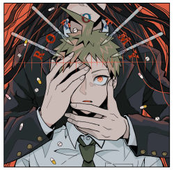 Rule 34 | 2boys, ahoge, alternate eye color, black jacket, border, brown hair, collared shirt, commentary request, danganronpa (series), danganronpa 2: goodbye despair, fingernails, formal, green neckwear, hands on another&#039;s face, head out of frame, highres, hinata hajime, holding, jacket, kamukura izuru, long hair, long sleeves, looking at viewer, male focus, messy hair, multiple boys, necktie, open mouth, red background, red eyes, shirt, short hair, simple background, tege (tege xxx), upper body, white border