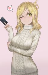 Rule 34 | 10s, 1girl, puff of air, absurdres, aran sweater, blonde hair, blush, braid, breast hold, breasts, cable knit, card, commentary request, crown braid, free style (yohan1754), hair rings, heart, highres, large breasts, long sleeves, looking at viewer, love live!, love live! sunshine!!, ohara mari, one eye closed, ribbed sweater, smile, solo, spoken heart, sweater, turtleneck, turtleneck sweater, yellow eyes