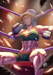 Rule 34 | 1girl, :t, abs, bare shoulders, bikini, bikini shorts, black hair, blonde hair, blush stickers, bottle, boxing headgear, boxing ring, breasts, cleavage, closed mouth, collarbone, commentary, commission, cowboy shot, dated, drinking, drinking straw, drinking straw in mouth, english commentary, fate/grand order, fate (series), feathers, fingerless gloves, gareth (fate), green bikini, green eyes, green shorts, groin, hair between eyes, highres, holding, holding bottle, large breasts, leaning on object, looking at viewer, midriff, mixed martial arts, mma gloves, multicolored hair, muscular, muscular female, navel, phoebus art, short hair, shorts, sidelocks, signature, sitting, solo, sports bikini, stool, swimsuit, two-tone hair, water bottle, watermark