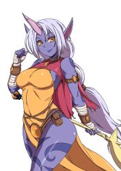 Rule 34 | 1girl, attp, bad id, bad pixiv id, bandages, bare hips, bare shoulders, blue skin, breasts, colored skin, earrings, hip focus, horns, jewelry, large breasts, league of legends, long hair, lots of jewelry, necklace, pointy ears, purple skin, side slit, single horn, solo, soraka (league of legends), staff, thighs, very long hair, white background, white hair, wide hips, yellow eyes