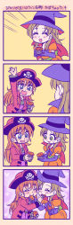 Rule 34 | 10s, 2girls, belt, blush, bow, brown hair, comic, dress, closed eyes, feeding, female focus, food, food in mouth, halloween, hat, houjou hibiki, jolly roger, long dress, minamino kanade, multiple girls, open mouth, pirate, pirate hat, precure, ribbon, silent comic, skull, skull and crossed swords, smile, suite precure, suzunashi susumu, translation request, witch, witch hat, yuri