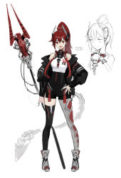 Rule 34 | 1girl, absurdres, asymmetrical legwear, black jacket, black thighhighs, closed mouth, cyberpunk, hair between eyes, hand on own hip, highres, holding, holding polearm, holding spear, holding weapon, jacket, long hair, mechanical tail, mismatched legwear, off shoulder, open mouth, original, oversized zipper, polearm, red eyes, red hair, simple background, sketch, smile, solo, soyoong jun, spear, standing, tail, thighhighs, weapon, white background, zipper, zipper pull tab