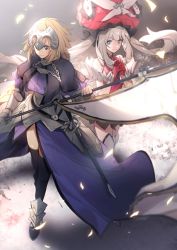 Rule 34 | 2girls, armor, armored boots, armored dress, bare arms, bare shoulders, black footwear, black legwear, black skirt, blonde hair, blue eyes, blurry, boots, bow, braid, capelet, chain, depth of field, dress, fate/apocrypha, fate/grand order, fate (series), faulds, flag, frilled hat, frills, gauntlets, gloves, hat, hat bow, headpiece, highres, holding, holding flag, jeanne d&#039;arc (fate), jeanne d&#039;arc (ruler) (fate), large hat, long hair, marie antoinette (fate), multiple girls, no-kan, own hands together, petals, plackart, purple dress, purple eyes, red dress, red gloves, red headwear, serious, sheath, sheathed, short dress, side slit, silver hair, skirt, skirt under dress, sleeveless, sleeveless dress, smile, standing, sword, thighhighs, twintails, weapon, white bow, white legwear, yuri, zettai ryouiki