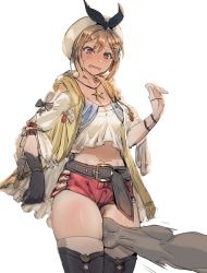 Rule 34 | 1boy, 1girl, atelier (series), atelier ryza, atelier ryza 1, belt, belt buckle, between legs, bloom, blush, bow (bhp), breasts, brown eyes, brown hair, buckle, cleavage, clothing cutout, commentary request, crop top, crop top overhang, embarrassed, furrowed brow, gloves, gold trim, hand between legs, hand up, head out of frame, hetero, jewelry, large belt, legs together, micro shorts, motion blur, navel, necklace, red shorts, reisalin stout, short hair, short shorts, shorts, side cutout, single glove, sketch, solo focus, star (symbol), star necklace, surprised arms, thick thighs, thighhighs, thighs, wavy mouth