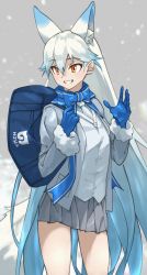 Rule 34 | 1girl, absurdres, animal ear fluff, animal ears, bag, blue bow, blue bowtie, blue gloves, blue hair, blunt bangs, bow, bowtie, commentary request, extra ears, fox ears, fox girl, fox tail, fur-trimmed sleeves, fur trim, gloves, gradient hair, grey jacket, grey skirt, highres, jacket, japari symbol, kemono friends, long hair, long sleeves, multicolored hair, necktie, open clothes, open jacket, orange eyes, parted lips, pleated skirt, shiroi-kitakitsune (kemono friends), skirt, smile, snowing, solo, tail, tanabe (fueisei), very long hair, white hair, white necktie