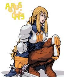 Rule 34 | 1girl, agrias oaks, armor, blonde hair, blue eyes, boots, breastplate, expressionless, final fantasy, final fantasy tactics, hand on own knee, hi takashi tsuki inoko, holding, holding sword, holding weapon, knee boots, knee pads, shoulder pads, sidelocks, simple background, solo, squatting, sword, weapon, white background, yakibuta (shimapow)