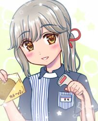 Rule 34 | 1girl, barcode scanner, bread, brown eyes, commentary request, employee uniform, food, grey hair, hair ribbon, id card, izumi shara, kantai collection, lawson, long hair, parted lips, ponytail, red eyes, ribbon, shirt, smile, solo, striped clothes, striped shirt, uniform, upper body, usugumo (kancolle)