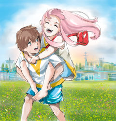 Rule 34 | 10s, 1boy, 1girl, aged down, albyee, arm around neck, bag, bare shoulders, barefoot, blue shorts, blue sky, bracelet, brown hair, cloud, cloudy sky, commentary, couple, darling in the franxx, day, english commentary, floating hair, flower, green eyes, handbag, happy, hetero, highres, hiro (darling in the franxx), holding legs, hug, hug from behind, jewelry, long hair, looking at another, looking back, open mouth, pink hair, shirt, short hair, short sleeves, shorts, sky, sleeveless, sleeveless shirt, spoilers, white shirt, zero two (darling in the franxx)