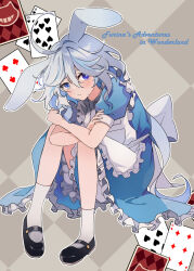 Rule 34 | 1girl, alice (alice in wonderland), alice (alice in wonderland) (cosplay), alice in wonderland, animal ears, apron, artistic error, back bow, black footwear, blue dress, blue eyes, blush, bow, card, closed mouth, cosplay, dress, frilled dress, frills, furina (genshin impact), genshin impact, highres, knees up, long hair, looking at viewer, mary janes, multicolored hair, playing card, rabbit ears, satorigame, shoes, sitting, socks, solo, streaked hair, very long hair, white apron, white bow, white hair, white socks