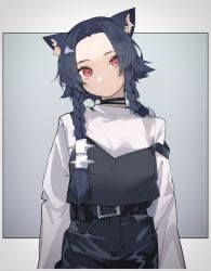 Rule 34 | 1girl, animal ear fluff, animal ears, belt, black choker, black hair, braid, cat ears, choker, closed mouth, expressionless, forehead, gradient background, grey background, highres, kamatpit, long hair, long sleeves, looking at viewer, original, outside border, overalls, red eyes, shirt, solo, strap slip, twin braids, upper body, white shirt