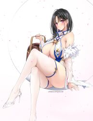 Rule 34 | 1girl, absurdres, ahoge, arm support, artist name, azur lane, bare shoulders, black hair, blush, breast curtains, breasts, bucket, chinese clothes, crossed legs, detached sleeves, earrings, fur trim, gs (onsen syndicate), heart, heart earrings, high heels, highres, holding, holding bucket, huge breasts, jewelry, looking at viewer, medium hair, mole, mole under eye, pelvic curtain, pink eyes, sitting, solo, thighhighs, thighs, ting an (azur lane), white background