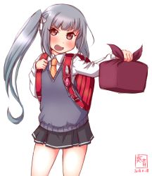 Rule 34 | 1girl, artist logo, backpack, bag, bento, black skirt, blush, box, brown eyes, collared shirt, commentary request, crime prevention buzzer, dated, grey hair, grey sweater vest, grey vest, highres, kanon (kurogane knights), kantai collection, kasumi (kancolle), layered clothes, long hair, long sleeves, looking at viewer, necktie, open mouth, orange necktie, randoseru, school uniform, shirt, side ponytail, signature, simple background, skirt, solo, sweater vest, v-neck, vest, white background, white shirt
