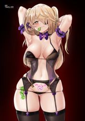Rule 34 | 1girl, :p, areola slip, armpits, arms behind head, arms up, artist name, black panties, black thighhighs, blonde hair, blush, bow, bowtie, breasts, condom, condom in mouth, condom wrapper, corruption, cowboy shot, eyepatch, fischl (genshin impact), garter belt, garter straps, genshin impact, green eyes, hair over one eye, half-closed eye, heart, heart-shaped pupils, highres, lingerie, long hair, medium breasts, mouth hold, naughty face, navel, nipple slip, nipples, panties, panties over garter belt, pixiv username, pubic tattoo, skindentation, solo, strap slip, striped clothes, striped panties, symbol-shaped pupils, tattoo, thick thighs, thighhighs, thighs, tnolize, tongue, tongue out, twintails, underwear, wide hips