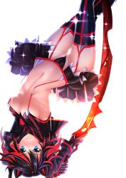 Rule 34 | 10s, 1girl, bad id, bad pixiv id, black hair, blue eyes, blush, breasts, cleavage, female focus, frown, gluteal fold, highres, horns, kill la kill, living clothes, looking at viewer, matoi ryuuko, midriff, multicolored hair, navel, red hair, revealing clothes, scissor blade (kill la kill), senketsu, shiny skin, short hair, showgirl skirt, simple background, skirt, solo, sparkle, suspenders, sweatdrop, sword, swordsouls, thigh gap, thighhighs, two-tone hair, underboob, upside-down, wavy mouth, weapon, wedgie, white background