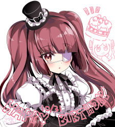 Rule 34 | 2girls, :d, :o, black bow, black dress, black headwear, bow, brown eyes, brown hair, cake, center frills, commentary request, dated, dress, eyepatch, food, frills, fruit, hair bow, hanazono yurine, happy birthday, hat, hat bow, highres, hinata momo, jashin-chan, jashin-chan dropkick, layered sleeves, long hair, long sleeves, looking at viewer, medical eyepatch, mini hat, mini top hat, multiple girls, notice lines, open mouth, parted lips, puffy short sleeves, puffy sleeves, short over long sleeves, short sleeves, simple background, smile, solo focus, strawberry, tilted headwear, top hat, twintails, v-shaped eyebrows, very long hair, white background
