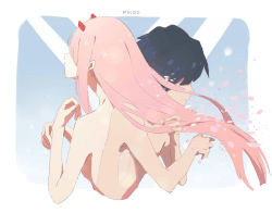 Rule 34 | 10s, 1boy, 1girl, black hair, couple, darling in the franxx, findoworld, hetero, hiro (darling in the franxx), horns, long hair, nude, oni horns, petals, pink hair, red horns, short hair, signature, zero two (darling in the franxx)
