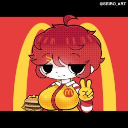 Rule 34 | 1girl, animated, animated gif, breasts, dot nose, eyes visible through hair, large breasts, leaning forward, looking at viewer, mcdonald&#039;s, product girl, ronald mcdonald, seiro, shiny clothes, shiny skin, sidelocks, skindentation, solo, standing