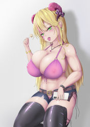 Rule 34 | 1girl, abs, blonde hair, blush, breasts, cleavage, green eyes, hair ribbon, highres, horns, huge breasts, large breasts, long hair, lv 249, multicolored hair, navel, nipples, original, pink hair, ribbon, see-through, solo, standing, thighhighs, tongue, tongue out