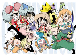 Rule 34 | &gt;;), 2girls, 6+boys, :d, ;), ;d, bare pectorals, bare shoulders, beard, bikini, bikini top only, black eyes, black hair, blonde hair, blue hair, breasts, brook (one piece), brown eyes, chibi, chikaburo, cigarette, cleavage, clenched hands, copyright name, cropped jacket, crown, cyborg, earphones, everyone, extra arms, eyewear on head, facial hair, formal, franky (one piece), full body, fur, green eyes, green hair, grin, guitar, hair over one eye, hana hana no mi, hat, high collar, holding, holding sword, holding weapon, horns, instrument, jacket, katana, large breasts, long hair, long nose, long sleeves, looking at viewer, looking to the side, monkey d. luffy, multiple boys, multiple girls, muscular, nami (one piece), nico robin, one eye closed, one piece, open clothes, open mouth, open shirt, orange hair, overalls, pants, pectorals, roronoa zoro, sandals, sanji (one piece), scar, scar across eye, scar on face, shirt, short hair, short sleeves, shorts, skeleton, smile, smoking, snout, straw hat, suit, suit jacket, sunglasses, swimsuit, sword, tony tony chopper, usopp, v-shaped eyebrows, very short hair, weapon