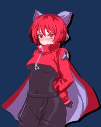 Rule 34 | 1girl, adapted costume, akatsuki records, black bodysuit, black gloves, blue background, blue bow, blush, bodysuit, bow, breasts, cape, covered navel, cowboy shot, embarrassed, gloves, hair bow, long sleeves, nose blush, nukekip, pixel art, puffy sleeves, red cape, red eyes, red hair, rock &#039;n&#039; rock &#039;n&#039; beat, sekibanki, simple background, small breasts, solo, touhou, two-sided cape, two-sided fabric, white cape