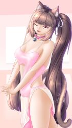Rule 34 | 1girl, absurdres, animal ear fluff, animal ears, bell, breasts, brown hair, cat ears, cat girl, cat tail, chocola (nekopara), collar, dress, fangs, highres, long hair, looking at viewer, medium breasts, nekopara, one eye closed, ponytail, revealing clothes, simple background, solo, tail, takie arts, thick thighs, thighs, twintails, wink