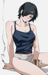 Rule 34 | 1girl, bad id, bad twitter id, beer can, black hair, black tank top, blush, breasts, can, chainsaw man, cigarette, drink can, eyepatch, grey panties, head tilt, highres, himeno (chainsaw man), holding, holding can, holding cigarette, looking at viewer, medium breasts, panties, roru (lol dessin), short hair, simple background, sitting, smile, smoke, solo, tank top, underwear, white background