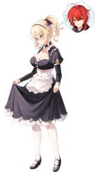 Rule 34 | 1boy, 1girl, alternate costume, apron, blonde hair, blush, breasts, cleavage, clothes lift, diluc (genshin impact), emyo, genshin impact, half-closed eyes, high heels, highres, jean (genshin impact), large breasts, lifted by self, long sleeves, maid, maid apron, maid headdress, mary janes, pantyhose, ponytail, puffy sleeves, red eyes, red hair, shoes, simple background, skirt, skirt lift, solo focus, thought bubble, white background, white pantyhose