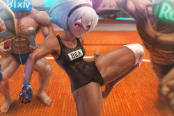 Rule 34 | 1girl, 2boys, :o, abs, barefoot, bea (pokemon), black bodysuit, black hairband, blush, bodysuit, brand name imitation, breasts, character name, clenched hand, commentary, covered abs, creatures (company), dark-skinned female, dark-skinned male, dark skin, dynamax band, english commentary, game freak, gen 1 pokemon, gloves, glowing, glowing eyes, gym leader, hair between eyes, hairband, hypno, hypnosis, knee pads, limgae, medium breasts, mind control, motion blur, motion lines, multiple boys, muscular, muscular female, nintendo, pendulum, pink eyes, pokemon, pokemon (creature), pokemon swsh, short hair, silver hair, single glove, standing, standing on one leg