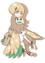 Rule 34 | 1girl, bag, beak, bird, bird wings, bob cut, bright pupils, brown eyes, brown footwear, brown jacket, carrying, closed mouth, creatures (company), eyes visible through hair, feathered wings, feathers, full body, game freak, gen 7 pokemon, hair ornament, handbag, highres, jacket, koyori-018, leaf, leaf hair ornament, light brown hair, long sleeves, moemon, nintendo, no eyebrows, open clothes, open jacket, overskirt, owl, personification, pigeon-toed, pokemon, pokemon (creature), pokemon sm, puffy shorts, ribbed sweater, rowlet, shoes, short hair, shorts, silhouette, simple background, smile, sweater, turtleneck, turtleneck sweater, white background, white shorts, wings