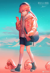 Rule 34 | 1boy, animal ears, ansel (arknights), arknights, bag, beret, blue background, blue footwear, blue hat, blue shorts, cellphone, character name, chewing gum, clothes lift, collared shirt, creature, dated, earbuds, earphones, eyewear hang, floppy ears, full body, gradient background, hair between eyes, hand up, hat, highres, holding, holding phone, jacket, kneehighs, lapel pin, long sleeves, looking at viewer, male focus, mountainous horizon, open clothes, open jacket, orange eyes, phone, pink background, pink hair, pink jacket, pink theme, rabbit ears, shirt, shirt behind neck, shirt lift, shoes, short hair, shorts, shoulder bag, signature, smartphone, socks, solo, sunglasses, tianxiaoye ansel.s, trap, unworn eyewear, weibo watermark, white background, white shirt