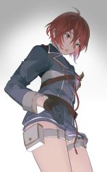 Rule 34 | 10s, 1boy, :o, artist request, bad id, bad twitter id, gloves, gold trim, green eyes, highres, holster, male focus, military, military uniform, red hair, shinano toushirou, short shorts, shorts, simple background, solo, thigh holster, thighs, touken ranbu, uniform