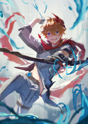 Rule 34 | 1boy, absurdres, aiming, aiming at viewer, bad leg, black gloves, blue eyes, bow (weapon), commentary request, earrings, firing, genshin impact, gloves, grey background, hair between eyes, highres, holding, holding bow (weapon), holding weapon, jacket, jewelry, looking at viewer, male focus, mask, mask on head, omegu, open mouth, orange hair, pants, red mask, red scarf, scarf, simple background, single earring, solo, sparkle, tartaglia (genshin impact), vision (genshin impact), water, weapon