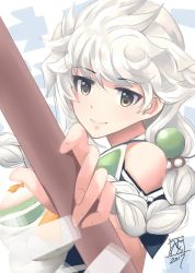 Rule 34 | 10s, asymmetrical hair, braid, breasts, clothing cutout, cloud print, commentary request, hair ornament, holding, holding staff, jewelry, jitome, kantai collection, large breasts, looking at viewer, looking to the side, mistrail, shikigami, shoulder cutout, signature, silver hair, single braid, smile, solo, staff, tassel, unryuu (kancolle), white background, yellow eyes